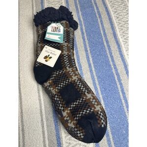 MUK Luks Men's Slipper Socks L/XL Navy Plaid Sherpa Lined Non-Slip NWT